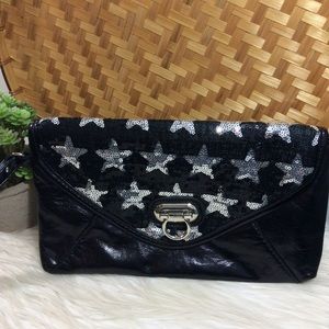 Sequined Stars Clutch Wristlet Black Silver stars
